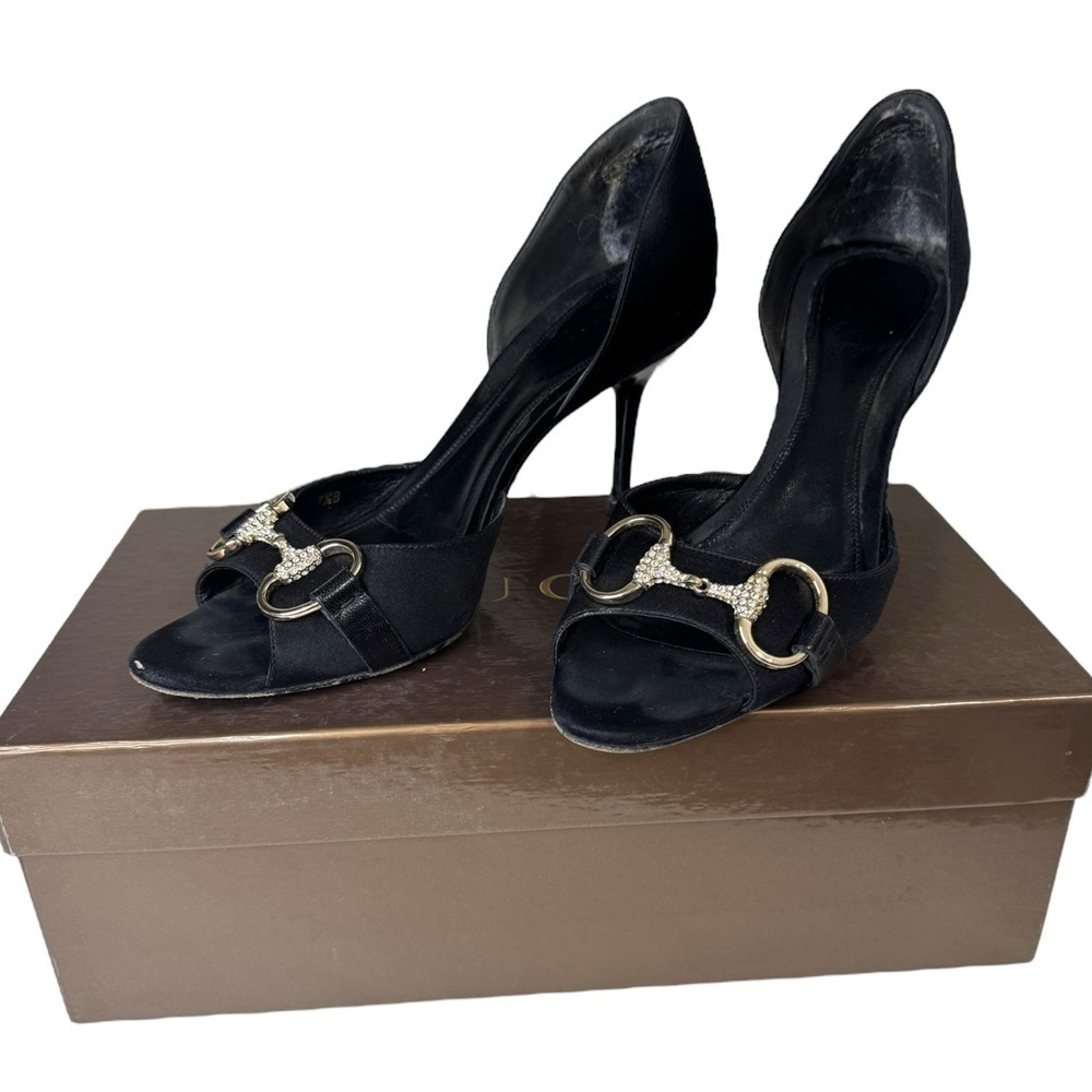Gucci Elegant Black Satin & Crystal Horsebit D’Orsay Evening Pumps Heels